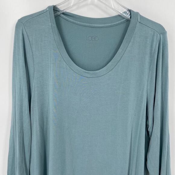 LOGO by Lori Goldstein Tunic Blouse Size L Color Block Sharkbite Hem Gray Green - Picture 2 of 7